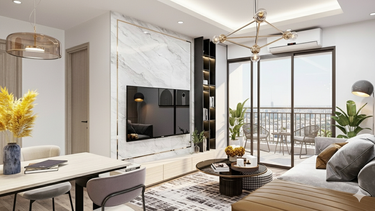 Thiết kế phòng khách căn hộ mẫu The Harmonie